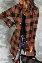 Outerwear Brown / S / 95%Polyester+5%Elastane Blue Turn-down Collar Plaid Shirt Jacket