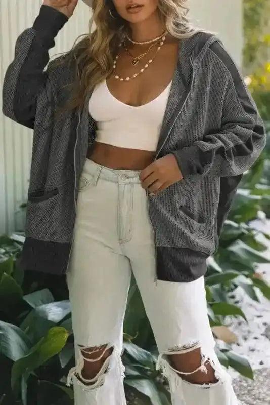 Outerwear Gray / S / 95%Polyester+5%Elastane Khaki Thermal Waffle Knit Full Zipper Hooded Jacket