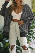 Outerwear Gray / S / 95%Polyester+5%Elastane Khaki Thermal Waffle Knit Full Zipper Hooded Jacket