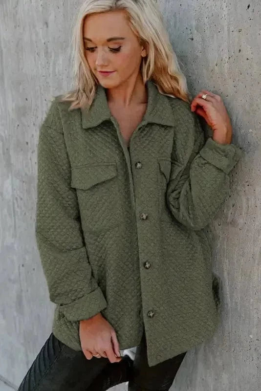 Outerwear Green Color Block Patchwork Flap Pocket Quilted Shacket