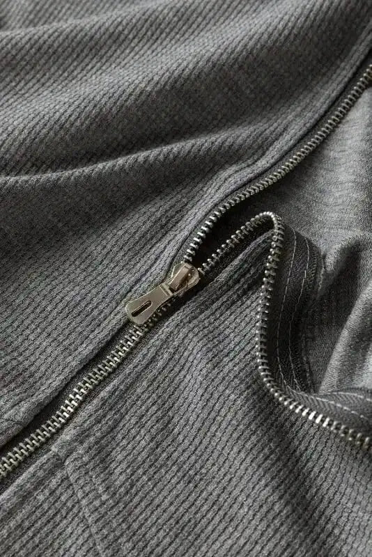 Outerwear Khaki Thermal Waffle Knit Full Zipper Hooded Jacket