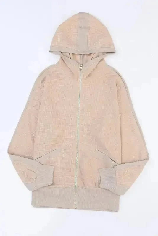 Outerwear Khaki Thermal Waffle Knit Full Zipper Hooded Jacket