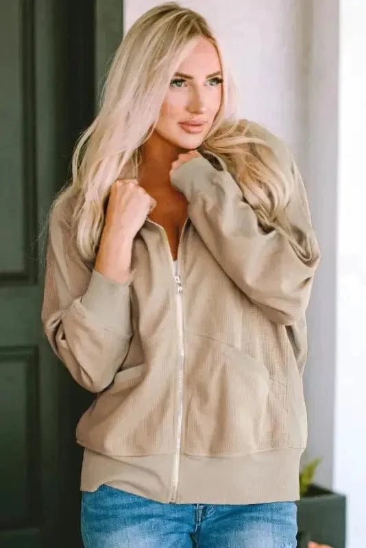 Outerwear Khaki Thermal Waffle Knit Full Zipper Hooded Jacket