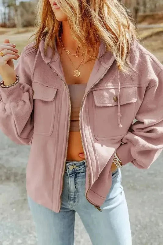 Outerwear Pink / S / 65%Polyester+35%Cotton Zip-Up Hooded Jacket With Flap Pockets