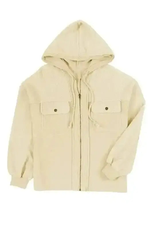 Flat lay of beige zip up hooded jacket women with drawstring hood and flap pockets. Casual fleece coat for daily wear.