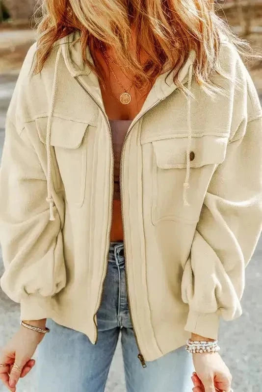 Outerwear Zip-Up Hooded Jacket With Flap Pockets