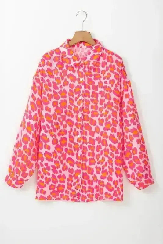 Close-up of Leopard Print Button-Up Overshirt showing classic leopard print pattern and shirt collar detail — Fashionfitz