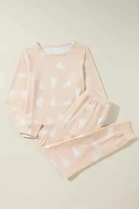 Apricot Christmas tree print long sleeve pyjama set front view — Fashionfitz UK