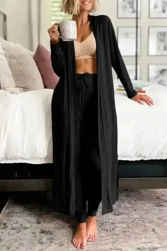 Black grey duster cardigan and skinny pants lounge set front view — Fashionfitz UK