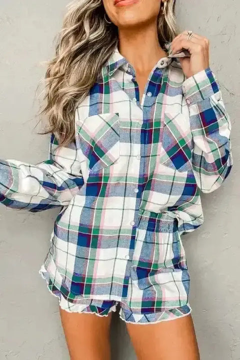 Blue plaid leisure two-piece lounge set front view — Fashionfitz UK