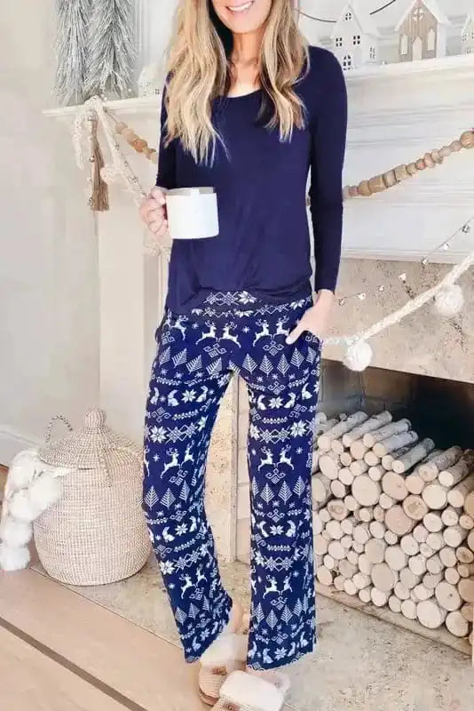Pajama Sets Blue / S / 65%Polyester+30%Viscose+5%Elastane Noel Navy Two Piece Lounge Set