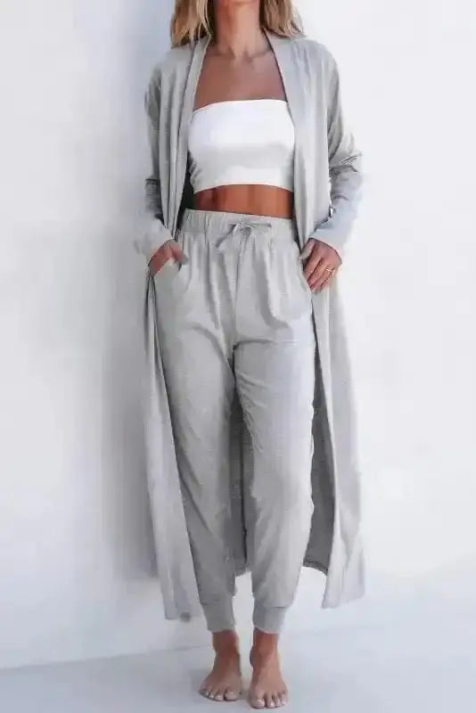 Pajama Sets Duster Cardigan and Skinny Pants Lounge Set - Black