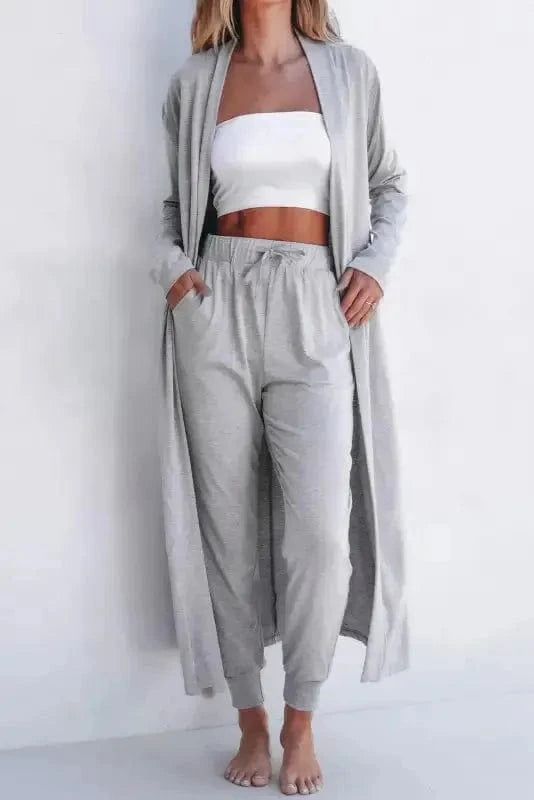 Pajama Sets Duster Cardigan and Skinny Pants Lounge Set - Black