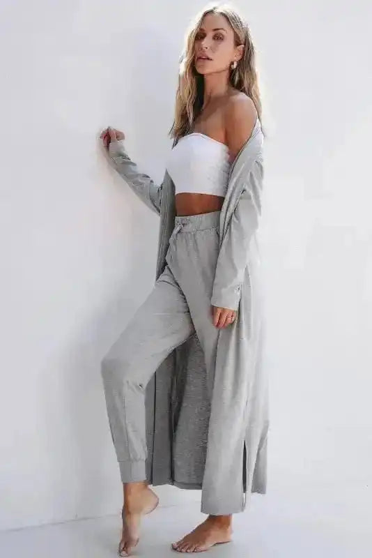 Pajama Sets Duster Cardigan and Skinny Pants Lounge Set - Black