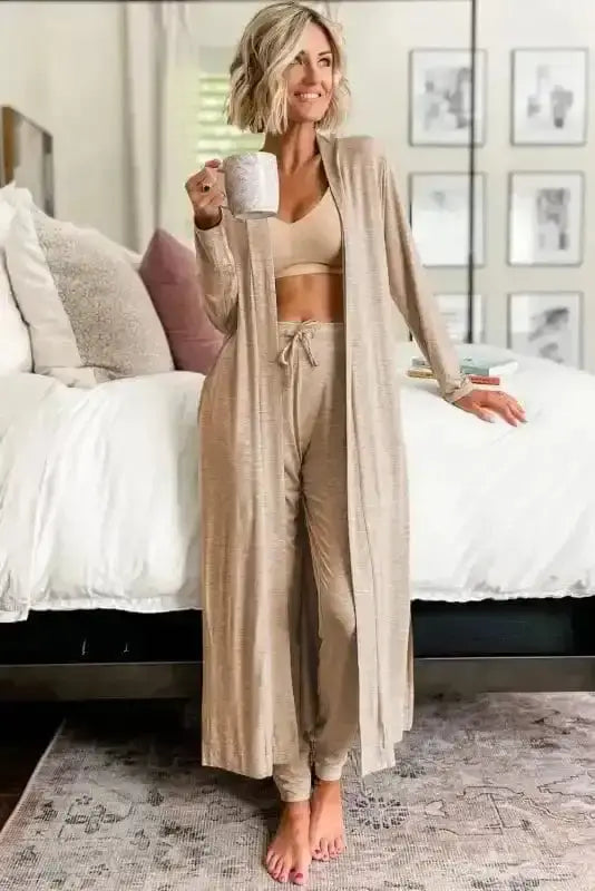 Duster cardigan skinny pants lounge set back view — Fashionfitz UK