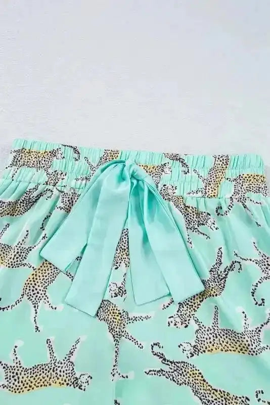 Pajama Sets Green Leopard Satin Ruffle Pajama Short Set