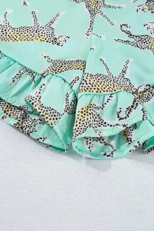 Pajama Sets Green Leopard Satin Ruffle Pajama Short Set
