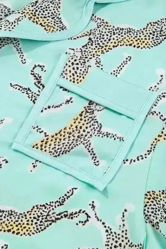 Pajama Sets Green Leopard Satin Ruffle Pajama Short Set