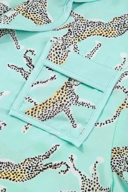 Pajama Sets Green Leopard Satin Ruffle Pajama Short Set