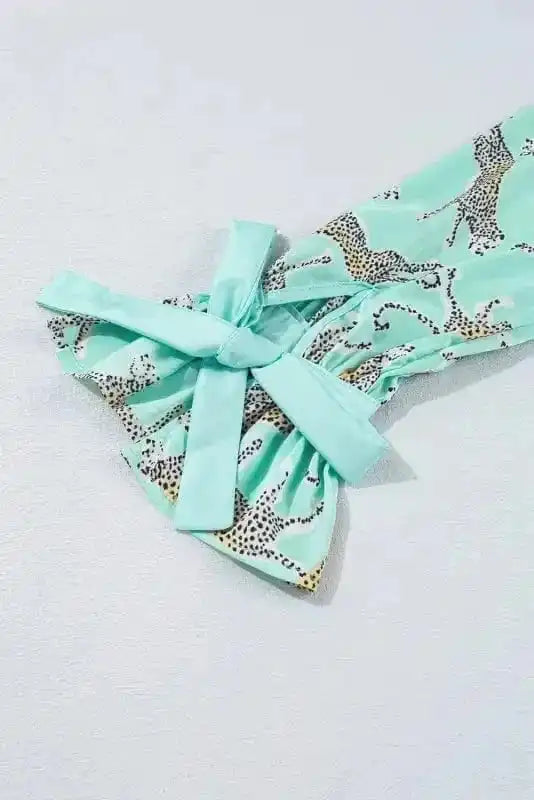 Pajama Sets Green Leopard Satin Ruffle Pajama Short Set