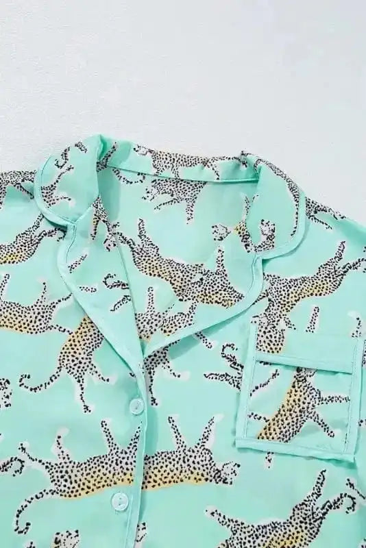 Pajama Sets Green Leopard Satin Ruffle Pajama Short Set