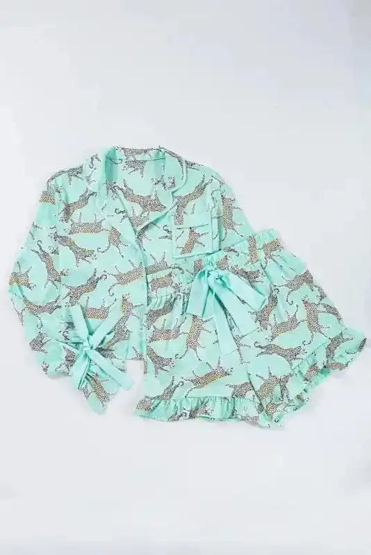 Pajama Sets Green Leopard Satin Ruffle Pajama Short Set