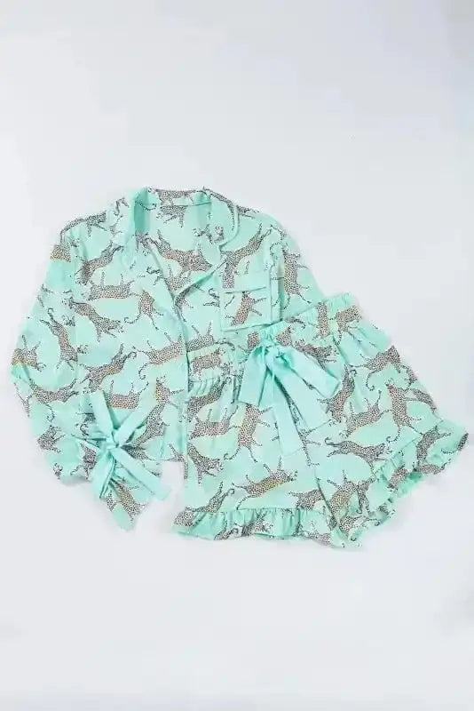 Pajama Sets Green Leopard Satin Ruffle Pajama Short Set