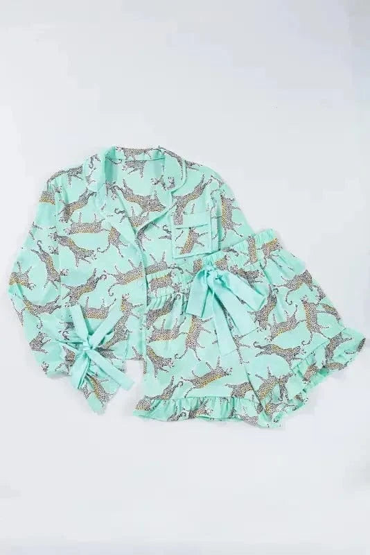 Pajama Sets Green Leopard Satin Ruffle Pajama Short Set