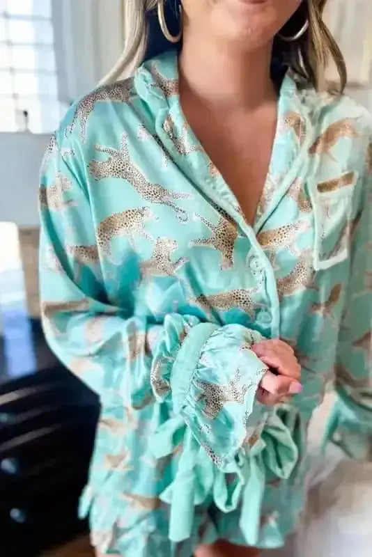 Pajama Sets Green Leopard Satin Ruffle Pajama Short Set