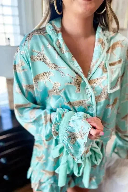 Pajama Sets Green Leopard Satin Ruffle Pajama Short Set
