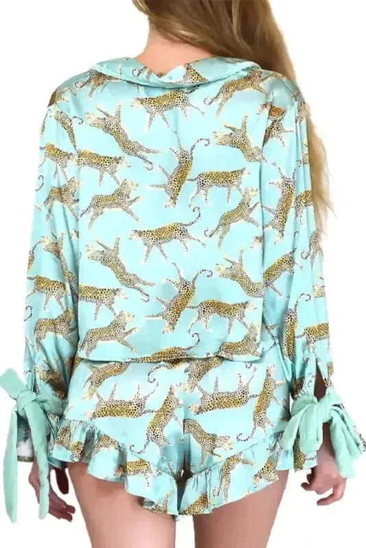 Pajama Sets Green Leopard Satin Ruffle Pajama Short Set