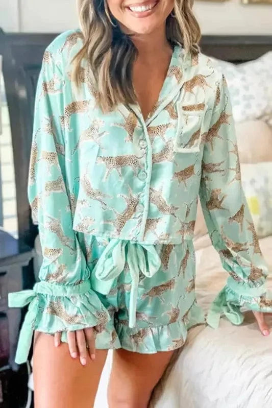 Pajama Sets Green / S / 97%Polyester+3%Elastane Green Leopard Satin Ruffle Pajama Short Set