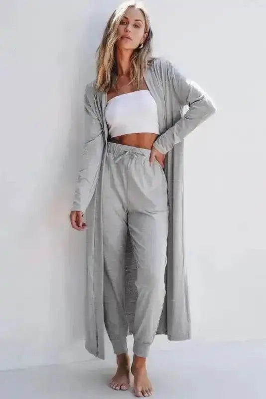 Pajama Sets Light Grey / S / 65%Polyester+30%Viscose+5%Elastane Duster Cardigan and Skinny Pants Lounge Set - Black