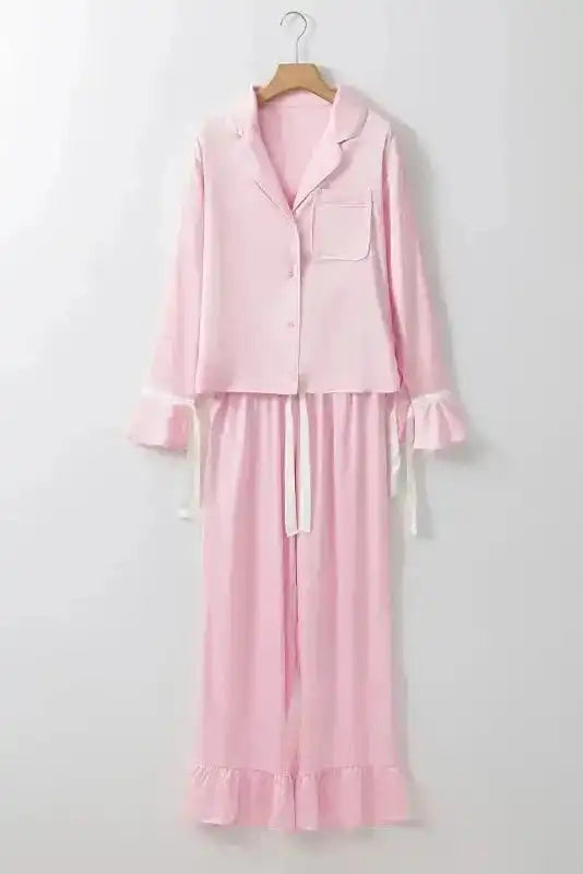Pajama Sets Light Pink / S / 95%Polyester+5%Elastane Twilight Ties Satin Lounging Set