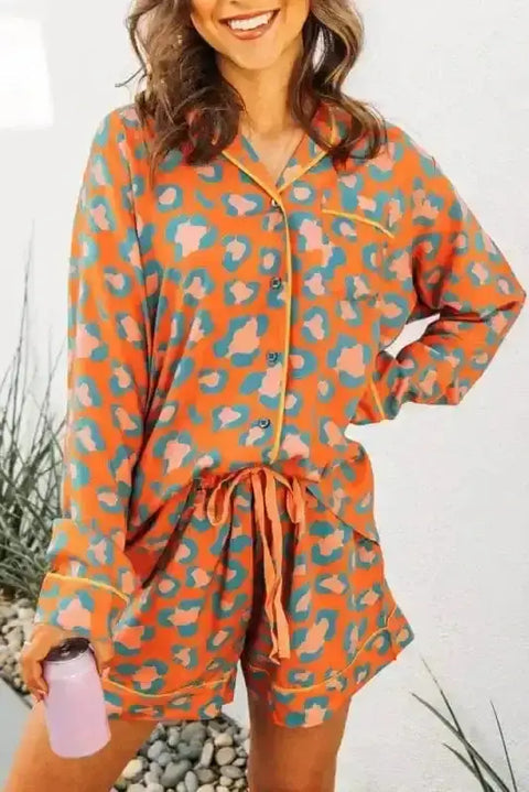Orange leopard print viscose pyjama shirt and shorts set front view — Fashionfitz UK