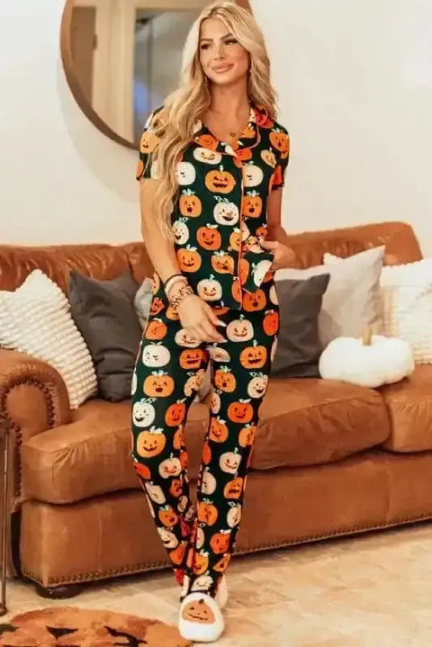 Orange Halloween trick or treat viscose pyjama set front view — Fashionfitz UK