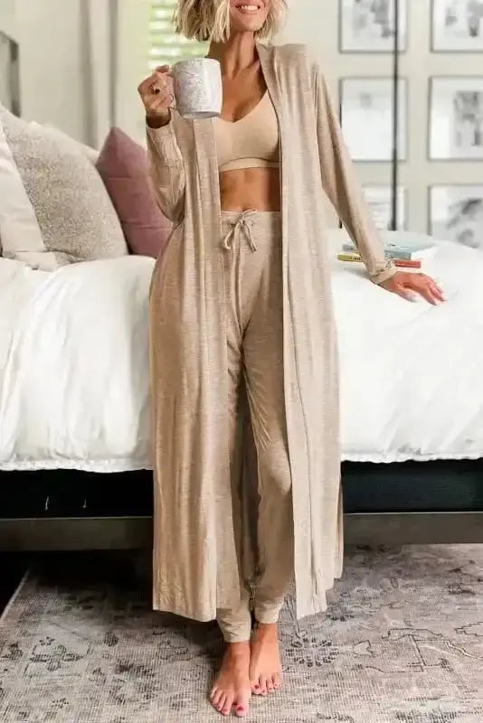 Parchment duster cardigan and skinny pants lounge set front view — Fashionfitz UK