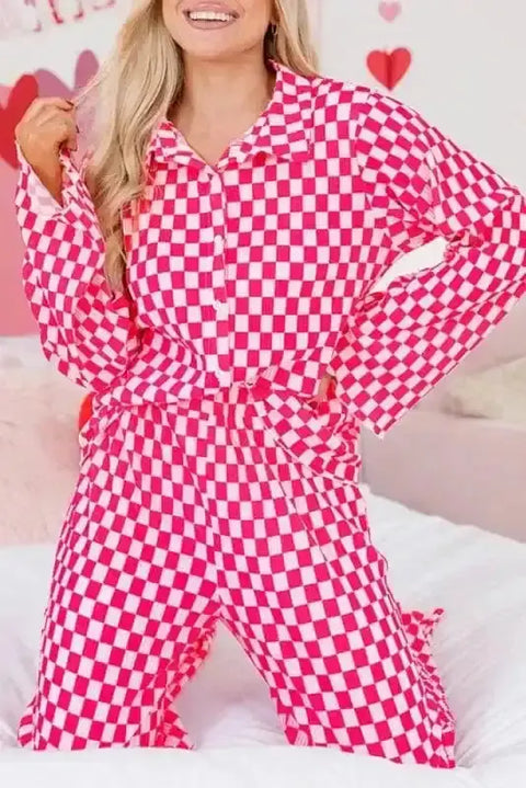 Pink plaid long sleeve pyjama shirt and high waist pants set front view — Fashionfitz UK