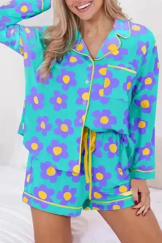 Pajama Sets Sky Blue / S / 95%Polyester+5%Elastane Floral Slumber Short Set