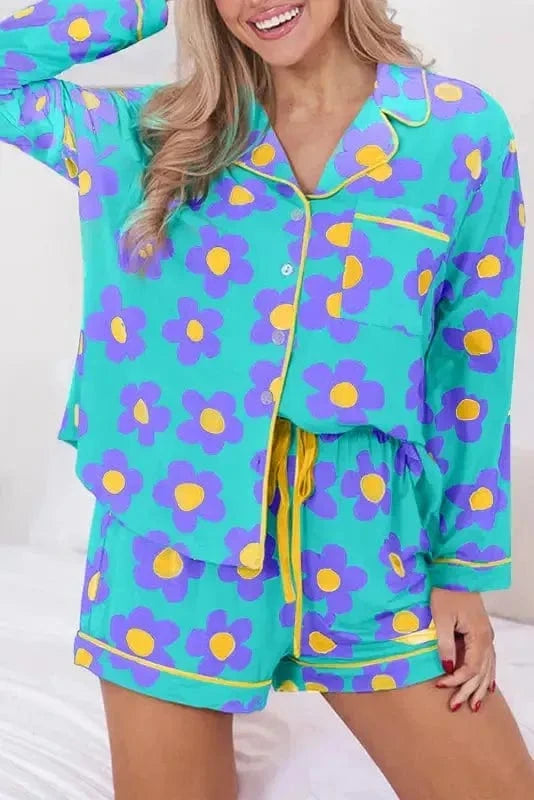 Pajama Sets Sky Blue / S / 95%Polyester+5%Elastane Floral Slumber Short Set