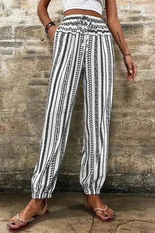 Pants Black Stripe / S / 100%Polyester Boho Breeze Striped Casual Pants