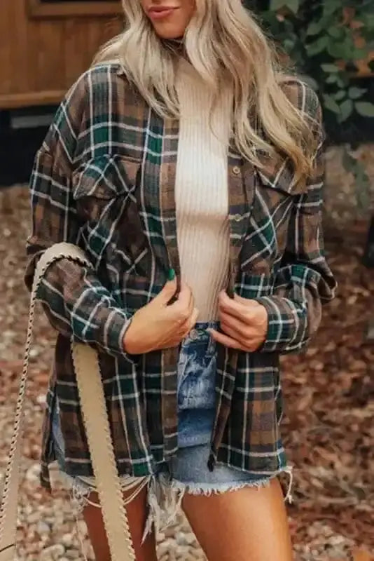 Brown highland plaid oversized shacket front view — Fashionfitz UK