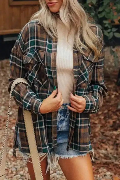 Plaid Shackets Brown / S / 70%Polyester+30%Cotton Highland Hues Button-Up Shacket
