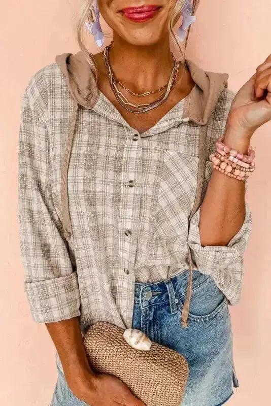 Khaki plaid loose hooded shacket front view — Fashionfitz UK