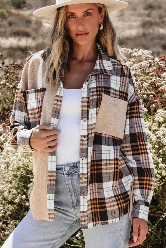 Plaid Shackets Khaki / S / 65%Polyester+35%Cotton Thermal Plaid Patchwork Shacket