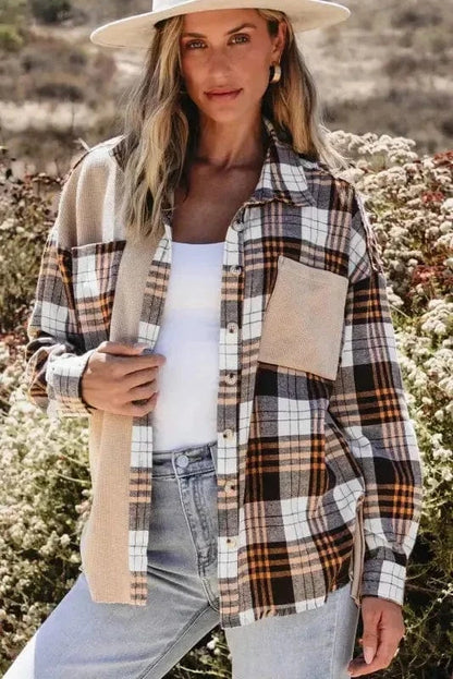Plaid Shackets Khaki / S / 65%Polyester+35%Cotton Thermal Plaid Patchwork Shacket