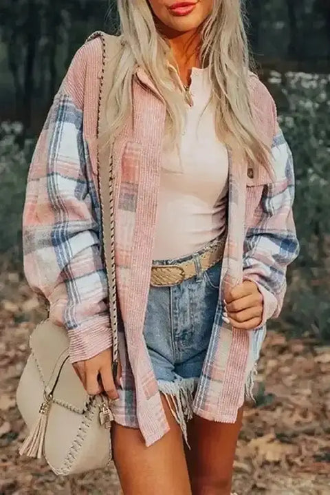 Light pink patchwork plaid shacket front view — Fashionfitz UK