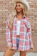 Plaid Shackets Pink / S / 100%Polyester Sassy Plaid Button-Up Shacket
