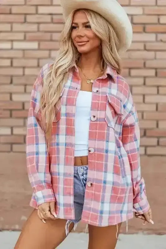 Pink plaid button-up shacket front view — Fashionfitz UK