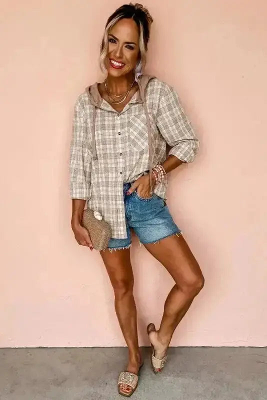 Plaid Shackets Plaid Loose Hooded Shacket